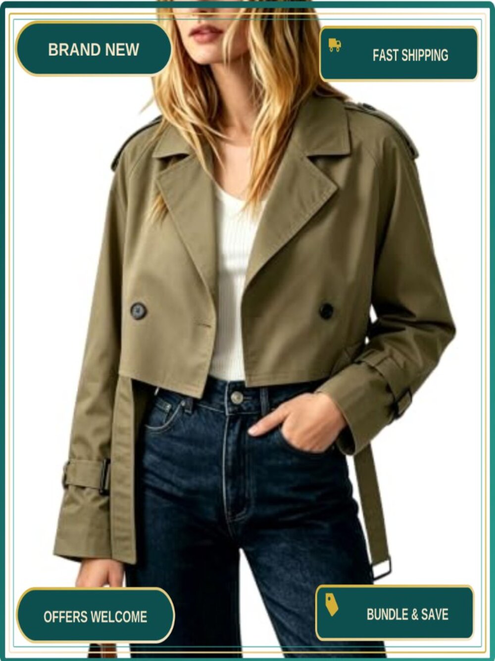 Women's Cropped Trench Coat Casual Double Breasted Wind Coat Belted